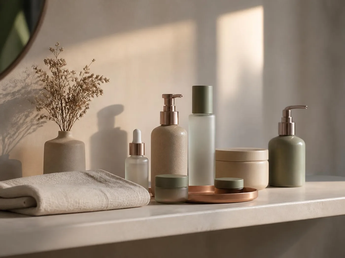 Bancada de skincare organizada com frascos neutros em luz natural