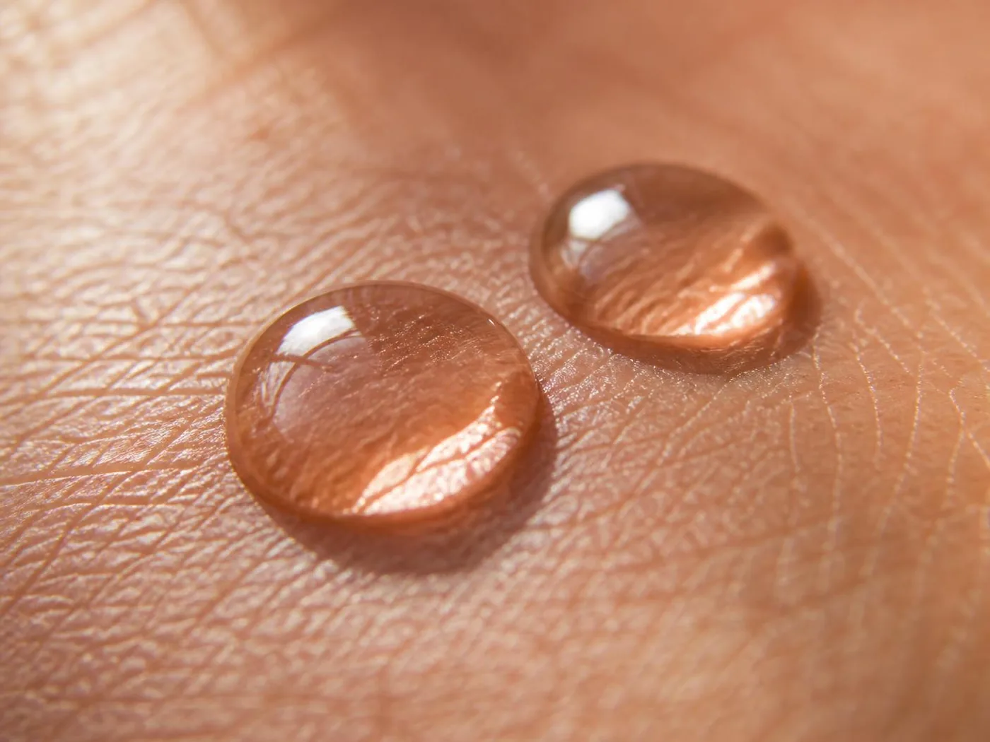 Duas gotas de sérum sendo aplicadas sobre a pele